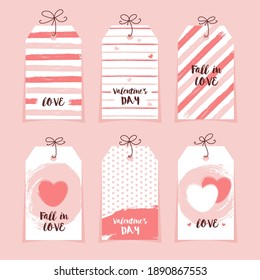 Valentine's day flat label collection with lettering, pastel colors on whine background