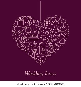 Valentine's Day flat line icons set.Present, Balloons, Gift, Cupcake, Love Letter, Balloons, Wingerd heart, Diamond ring, Birds, Wedding Cake.  Love symbols. Vector illustration. Editable stroke.