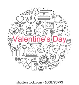Valentine's Day flat line icons set. Present, Balloons, Gift, Cupcake, Love Letter, Balloons, Wingerd heart, Diamond ring, Birds, Wedding Cake.  Love symbols. Vector illustration. Editable stroke.