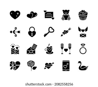 Valentine's day flat line icons set. Sign of love - hearts, cupid bow, diamond ring, candy chocolate, greeting card, key, teddy bear. Simple flat vector illustration for web site or mobile app.