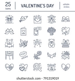 Valentines day flat line icons. Love, romance symbols - hearts, engagement ring, wedding cake, Cupid, romantic date, valentine card, doves kiss. Thin linear signs for february 14 celebration.