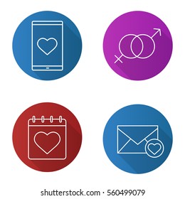Valentine's Day flat linear long shadow icons set. February 14 calendar, smartphone dating app, love letter, sex symbol. Vector line illustration