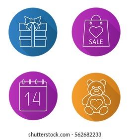 Valentine's Day flat linear long shadow icons set. Teddy bear, February 14, gift box, Valentines Day sale. Vector line illustration