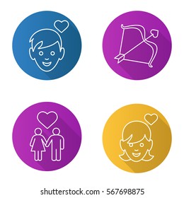 Valentine's Day flat linear long shadow icons set. Enamoured boy and girl, man and woman holding hands, Cupid's bow and arrow. Vector line illustration