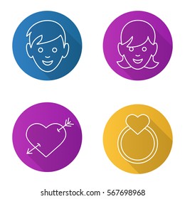 Valentine's Day flat linear long shadow icons set. Boy and girl, arrow piercing heart, gold wedding ring with heart. Vector line illustration