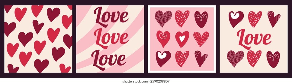 Valentine's Day. Flat posters in retro design. Hearts in hand drawn style. Doodle elements. Abstract modern trendy wallpapper. Greeting cards. Brochure. 14 February. Wedding holiday. Flyer. Romantic