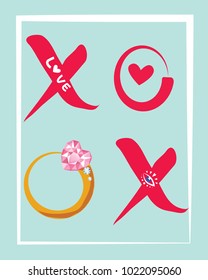 Valentine's day flat symbol vector Illustratoin pink X O with love word and eye sign. heart shape diamond jewelry on golden ring on light blue background for design 