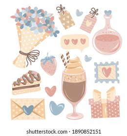 Valentine's day flat symbols collection, pastel colors on whine background