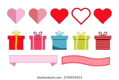 Icono de Vector plano del día de San Valentín fijado con las cajas de regalo de los corazones y los Anuncios de la cinta para las tarjetas de felicitación del amor