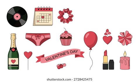 Valentine's day flat vector illustration set with romantic icons like champagne, cupcake, vinyl record, and a decorative ribbon banner.