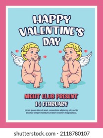 Valentine's day flayer with cupid cartoon. Vector icon illustration, isolated on premium vector