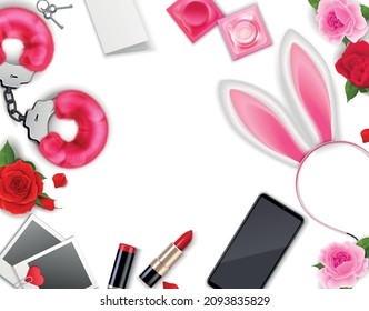 Fondo de coqueteo del día de San Valentín con una vista superior realista del smartphone con lápiz labial de flores rosadas y esposas esponjosas ilustración vectorial