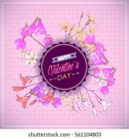 Valentines day floral greeting card. Vector illustration. Sketch style.