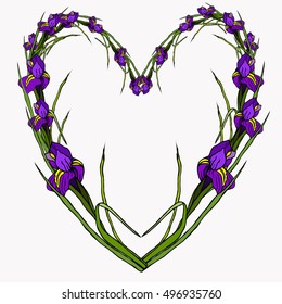 Valentines Day. Floral heart made of flowers. Iris. Hand drawing.