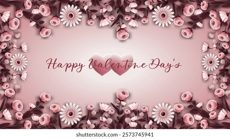 valentine's day flowers backgrounds ,Romantic Valentine's Day card design with pink roses, daisies, and two hearts on a soft gradient background. Elegant floral frame decoration and wallpapper