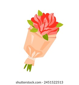 Ilustración vectorial de ramo con corazones rosas en envoltura artesanal con lazo de cinta