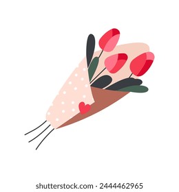 Flores de San Valentín. Celebrando el amor, ramo romántico, Ilustración vectorial de dibujos animados de relación de pareja