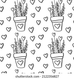 Valentines Day flowers seamless pattern in pot with hearts.