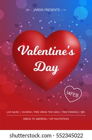 Valentine's Day Flyer. 3d red hearts on red background. Cute love banner or greeting card. 