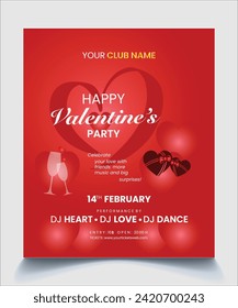  Valentine's Day Flyer Design Template. Happy Valentine's  party Flyer. Vector illustration. Valentine's Day Flyer Design. Top view on gift box and celebrate with drink.