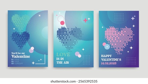 Valentine's Day flyer, Geometric and pixel heart shape on blue gradient background