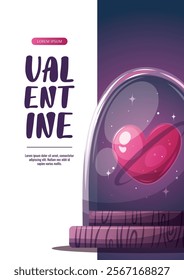 Valentine's Day flyer with heart in a glass dome. Romantic, magic love, 14 February concept. Vector illustrations for banner, advertising, promo.