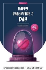 Valentine's Day flyer with heart in a glass dome. Romantic, magic love, 14 February concept. Vector illustrations for banner, advertising, promo.	