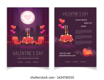 Valentines day flyer, invitation card for romantic dinner for couple. Vector set of cartoon posters, banners with illustration of restaurant interior with flowers, candles and heart shape balloons