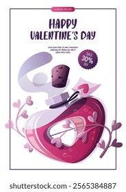 Valentine's Day flyer with love potion. Romantic, magic love, 14 February concept. Vector illustrations for banner, advertising, promo.