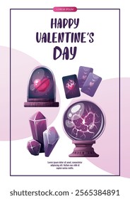 Valentine's Day flyer with magic ball, crystals, heart in a glass dome, tarot cards. Romantic, magic love, 14 February concept. Vector illustrations.