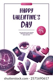 Valentine's Day flyer with magic ball, crystals, love letter, heart in a glass dome, tarot cards, love eye. Romantic, magic love, 14 February concept. Vector illustrations.