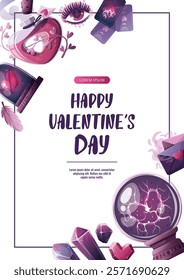 Valentine's Day flyer with magic ball, love potion, crystals, love letter, heart in a glass dome, tarot cards, love eye. Romantic, magic love, 14 February concept. Vector illustrations.