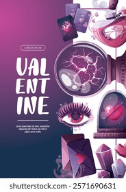 Valentine's Day flyer with magic ball, love potion, crystals, love letter, heart in a glass dome, tarot cards, love eye. Romantic, magic love, 14 February concept. Vector illustrations.