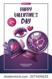 Valentine's Day flyer with magic ball, crystals, heart in a glass dome, tarot cards, love eye. Romantic, magic love, 14 February concept. Vector illustrations.