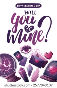 Valentine's Day flyer with magic ball, crystals, love letter, heart in a glass dome, tarot cards, love eye. Romantic, magic love, 14 February concept, Vector illustrations.