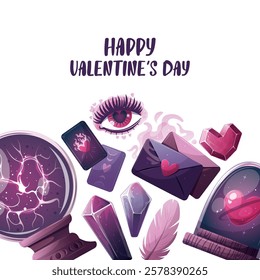 Valentine's Day flyer with magic ball, crystals, love letter, heart in a glass dome, tarot cards, love eye. Romantic, magic love, 14 February concept, Vector illustrations.
