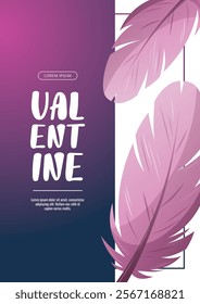 Valentine's Day flyer with pink bird feathers. Romantic, magic love, 14 February concept. Vector illustrations.