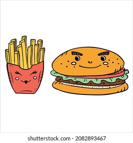 Valentine's day flyer, postcard, sticker with cute french fries burger. 