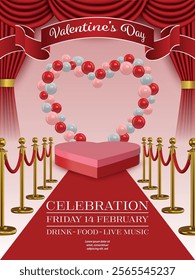 valentine's day flyer with red carpet and heart shaped podium. valentine poster with heart shaped balloons arch and red curtain