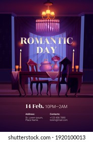 Valentines Day Flyer. Romantic Dinner For Couple On Date Or Holiday Celebration. Vector Cartoon Poster With Dining Table, Chairs, Candles, Flowers And Chandelier In Empty Restaurant Room