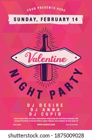 Valentines Day Flyer Template. Valentine Night party brochure with wine bottle and ribbon. Stock vector holiday card design