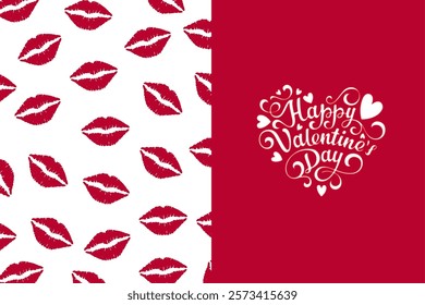 Valentine's day fold card. Simple design with seamless kiss pattern background. vector illustration 