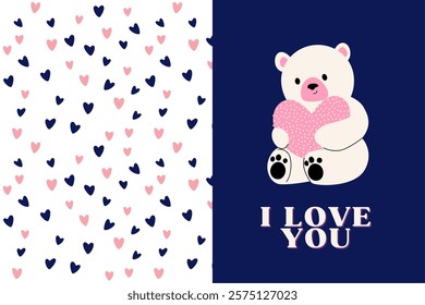 valentine's day fold card with teddy bear holding a heart. heart pattern background. valentine day poster with romantic element.