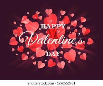 Valentines day folded hearts poster. Red love valentine design with heart clouds and light beams, lovely message gift card origami concept for promo sale flyer background