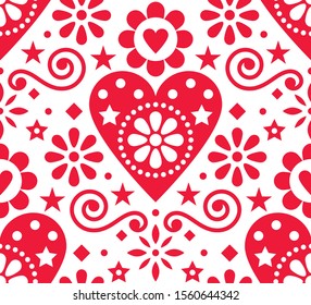Valentine's Day folk art vector seamless pattern - Scandinavian style design with hearts and flowers. Cute floral repetitive ornament in red on white background, retro Nordic embroidery style 
