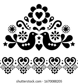 Valentine's Day folk art vector design set for greeting card or wedding invitation - Scandinavian style patterns with birds, hearts and flowers. Cute floral ornaments collection in black on white 