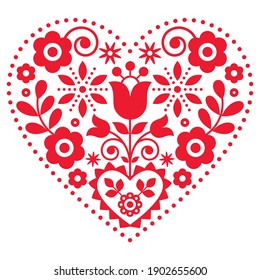 Valentine's Day folk art vector heart greeting card design, cute background with flowers- traditional Polish ornament. Floral cute heart ornament inspired by  embroidery Lachy Sadeckie from Poland