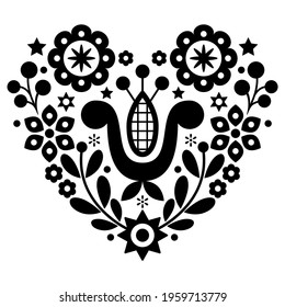 Valentine's Day folk art vector retro floral heart greeting card design - traditional Polish embroidery style Lachy Sadeckie in black and white. Retro heart background, cute ornament 