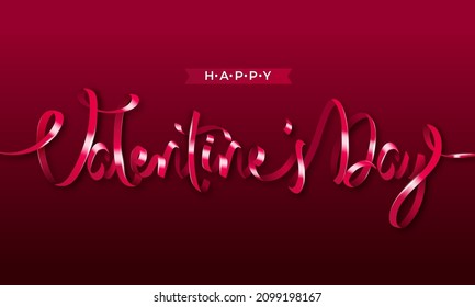 Valentine's Day Font Written By Pink Silk Ribbon On Red Background.
