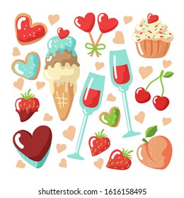 Valentines Day food collection isolated on white background: lollipops, cupcake, wine, Ice-cream, chocolate heart, cookies. Romantic vector illustration.